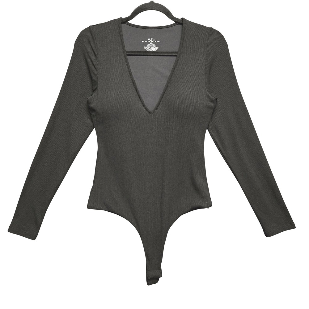 Klassy Network Bodysuit Deep V Neck Ribbed Long‎ Sleeve XL Black Snap Bottom